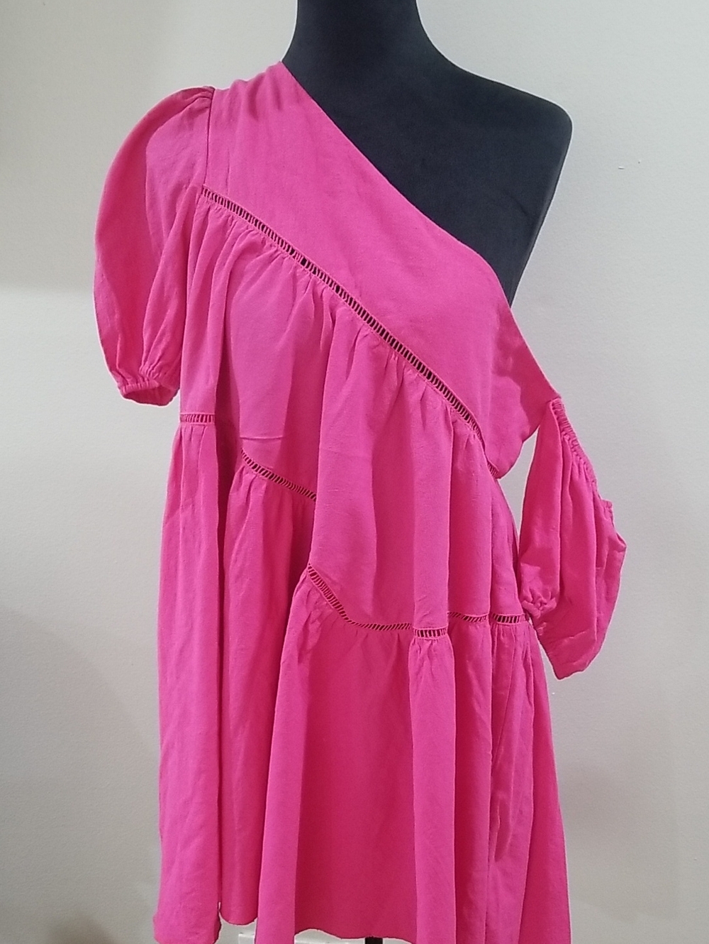 Womens One-Shoulder Hot Pink Tiered Dress Breast Cancer Fashion